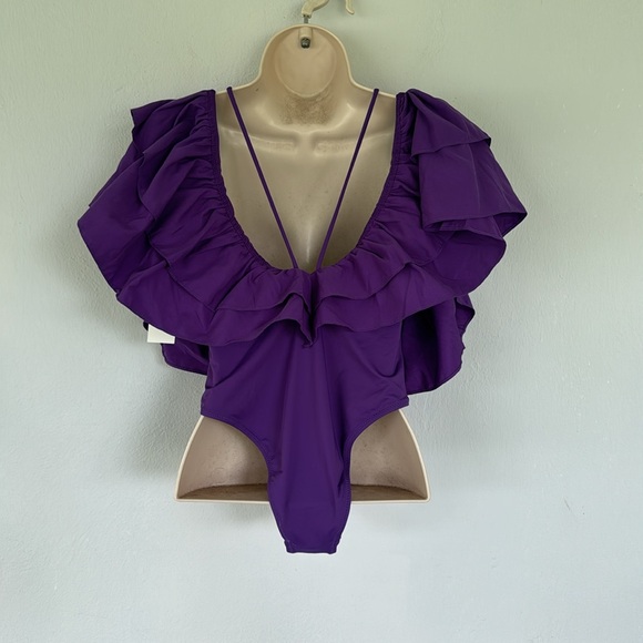 ZARA Swimwear purple deep-v ruffle strappy high cut one piece bathing suit small - Picture 9 of 16